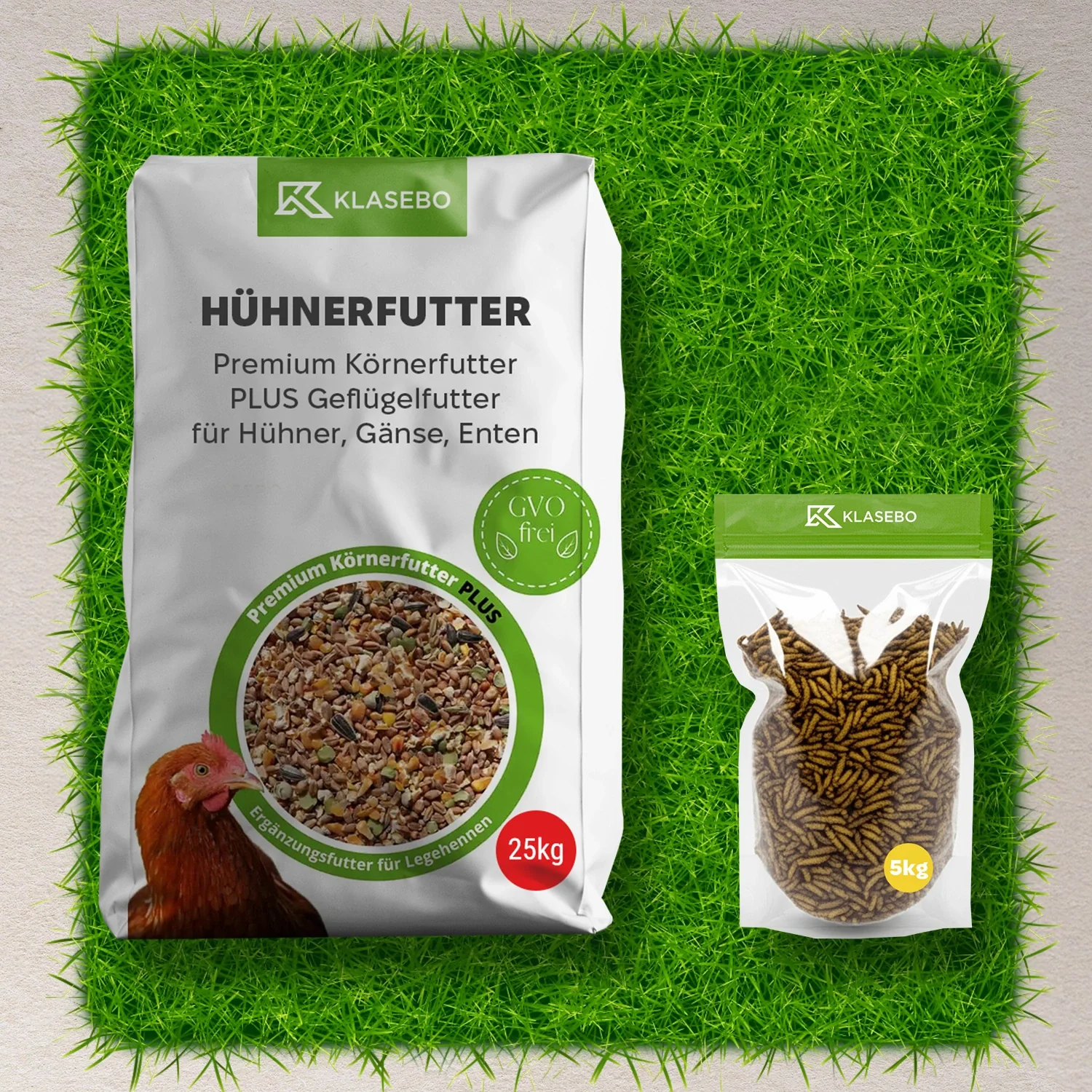 "Set Hühnerfutter mit Insekten 30kg - Premium Geflügelfutter 25kg, Getrocknete Schwarzkopfmaden 5kg image"