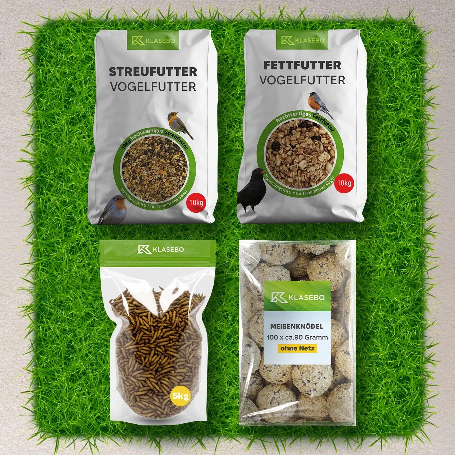 "Premium Wildvogel Futter-Set  - Streufutter 10kg, getrocknete Soldatenfliegenlarven 5kg, Fettkugeln 100 Stk. à 90g, Hochenergie Suet-Mix 10kg image"