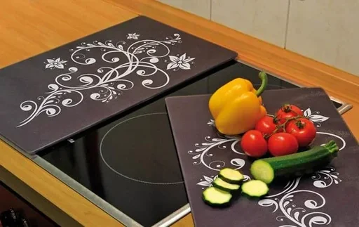 "3 in 1 Herd-Abdeckplatten, Schneidbretter, „Nero“, aus Glaskeramik, Ornament-Design, 52 x 30 cm, 2er-Set image"