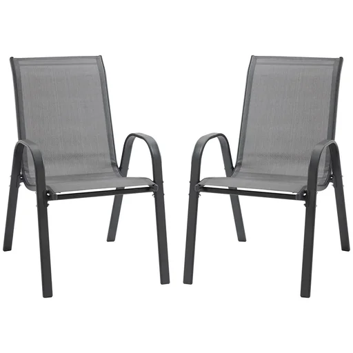 "2er Set Gartenstuhl Stapelstuhl mit Armlehne Essstühle Garten Metall Mesh-Gewebe Grau 70 x 54 x 90 cm image"