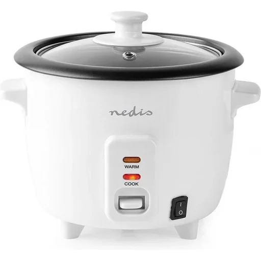 "Nedis Reiskocher Abnehmbare Pfanne 0,6L Dämpfkorb Glasdeckel Inkl. Messbecher und Schöpfkelle 300W Weiß image"