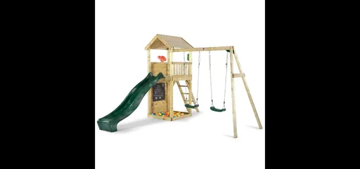 "Holz Aussichtsturm mit Doppelschaukel, Outdoor-Spielturm, Kletterwand, Rutsche, Sandkasten, Kreidetafel, natur image"