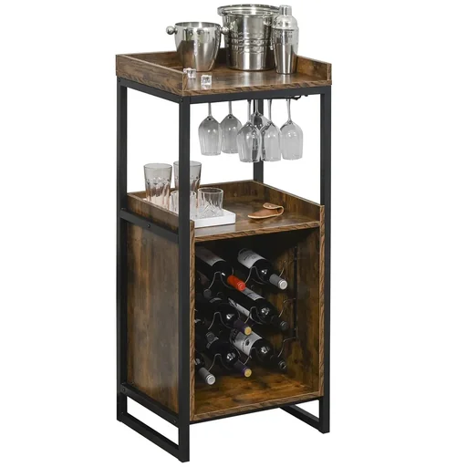 "Weinregal 9 Flaschen-Weinschrank Flaschenregal mit 2 offenen Regalen und Glashalter Schwarz+Braun 52 x 40 x 113 cm image"