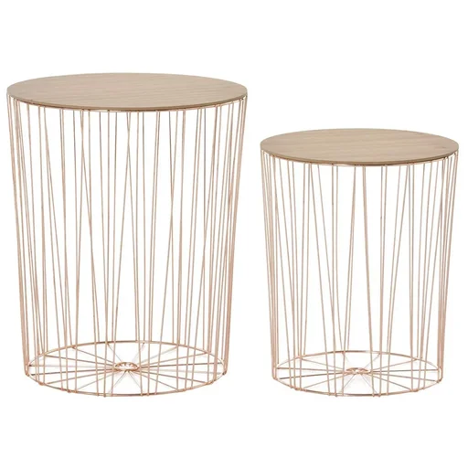 "Beistelltisch mit Stauraum 2er Set Metall Korb mit Holzdeckel Nachttisch Natur+Rosa Gold Ø40,7 x 49,5 cm Ø33,8 x 40,8 c image"
