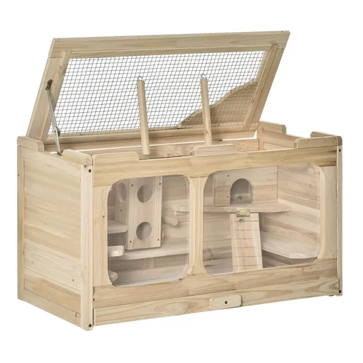 "Hamsterkäfig Holz Nagerkäfig Mäusekäfig mit Rampe Schaukel Nagervilla Oben aufklappbar Massivholz PS Natur 78 x 40 x 44 image"