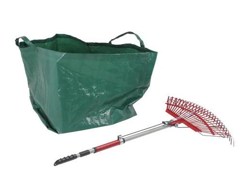 "Rasenrechen mit Laubgreifer - teleskopierbar - mit 25 Zinken inklusive Gartensack 140 L image"