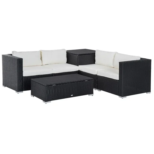 "6-teiliges Polyrattan-Gartenmöbelset mit Kissen, Lounge-Tisch mit Ablage, Stahl, luxuriöses Schwarz und Creme image"
