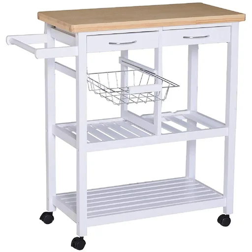 "Servierwagen Küchenwagen Küchenrollwagen mit Rollen Korb Schubladen aus Holz weiß image"
