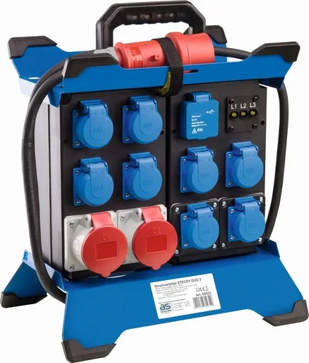 "Stromverteiler Stecky DUO 2, 8x Schutzkontakt, 2x CEE400V/16A, 2x USB, Phasenanzeige, FI40A, 3,4m image"