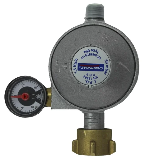 "Universal-Sicherheitsregler 50 mbar, für Butan/Propan, 1/4'' Linksgewinde, Durchfluss 1,5 kg/h, mit Manometer image"