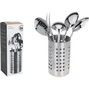 Küchenset - Edelstahl - 6-teilig - Fleischgabel, Gemüselöffel, Servierlöffel, Schaumlöffel, Suppenlöffel mit Ständer