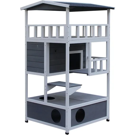 "Katzenhaus 4 Stockwerke mit Toiletten-Balkon-Asphaltdach aus Holz, grau image"