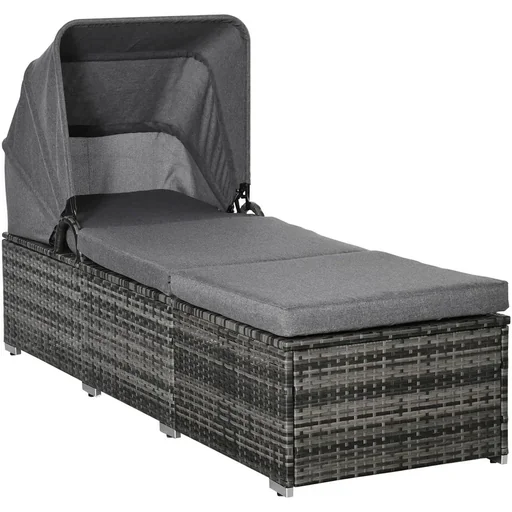 "Sonnenliege aus Polyrattan mit Sonnendach Gartenliege verstellbar Rattanliege Gartenmöbel Liege mit Kissen Grau 195 x 65 image"