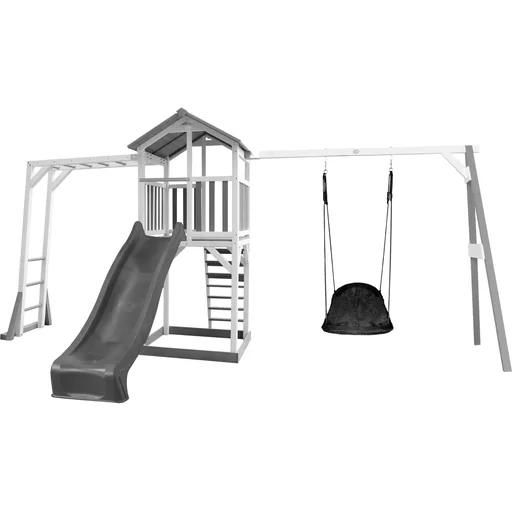 "Beach Tower Spielturm mit Klettergerüst und Roxy Nestschaukel - Graue Rutsche image"