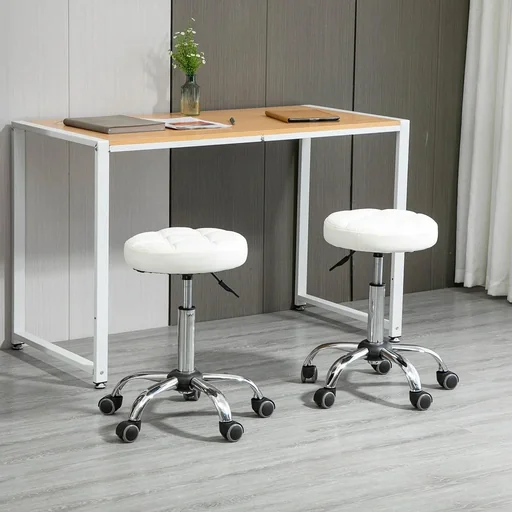 "2er-Set Rollhocker Drehhocker mit Rädern Arbeitshocker höhenverstellbar drehbar Salon Hocker Salonstühle Kunstleder Weiß image"
