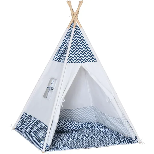 "Tipi-Zelt für Kinder - inkl. Bodenmatte und Kissen - Blau/Weiß - 120 x 120 x 155 cm image"