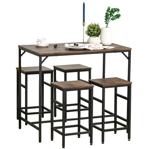"Bartisch-Set Stehtisch mit 4 Barhockern 5-teiliges Tischset Küchentresen Spanplatte Stahl Rustikales Braun+Schwarz 100 x image"