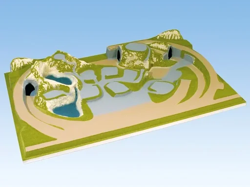 "Fertiggelände Schönmühlen - 160 x 100 cm, ca. 25 cm hoch, Spur H0, TT, koloriert und begrast, auf Holzrahmen image"