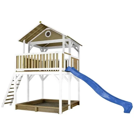 "Woody Spielturm Braun/Weiß - Blaue Rutsche image"