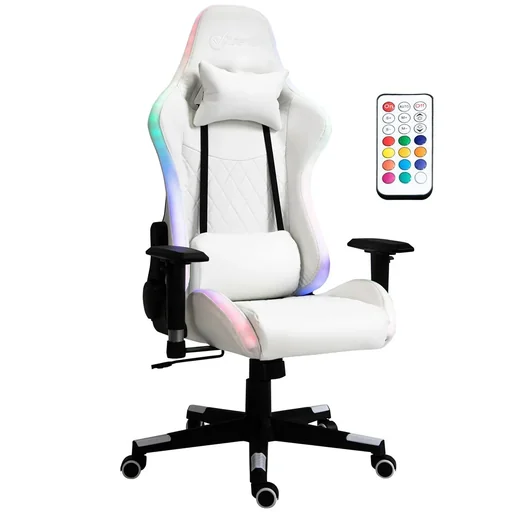 "Gaming Stuhl mit RGB LED-Beleuchtung ergonomisch mit Kissen Rückenlehne verstellbar Weiß+Schwarz 68 x 68 x 126-136 cm image"