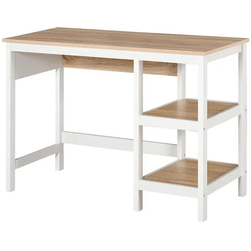 "Schreibtisch mit 2 Ebenen Regal, Computertisch, Bürotisch, MDF, Natur+Weiß, 110 x 48 x 76,2 cm image"