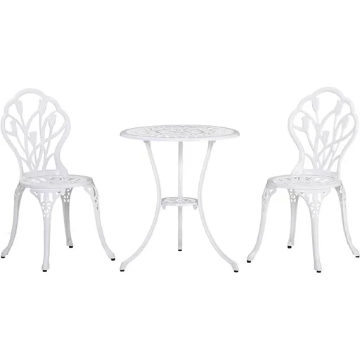 "Sitzgruppe 3-teilige Essgruppe Gartenmöbel-Set 1 Tisch+2 Stühle mit Schirmloch Terrasse Aluminium Weiß Ø60 x 67H cm image"
