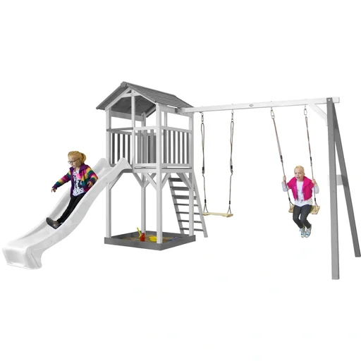 "Beach Tower Spielturm mit Doppelschaukel - Weiße Rutsche image"