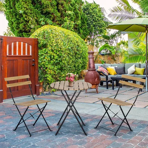 "3-teiliges Bistro-Set, zusammenklappbar, Massivholz + Stahlrahmen, naturfarben image"