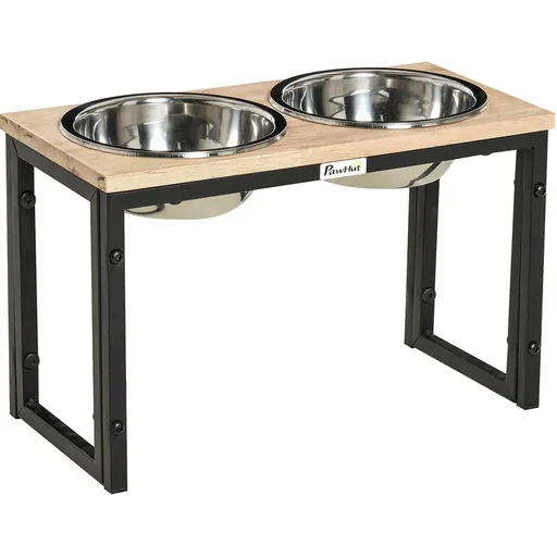 "erhöhter Hundenapf Doppelnapf Futternapf mit Stahlnäpfen Haustier Fressnapf Kiefernholz Schwarz 43 x 21 x 27 cm image"
