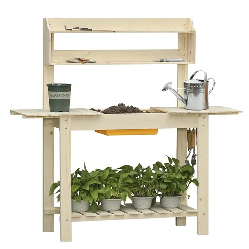 "Pflanztisch mit Haken Gärtnertisch Blumentisch aus Tannenholz Kunststoff für Garten Terrasse verstellbare Arbeitsfläche image"