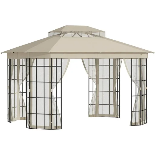 "Gartenpavillon 3,65 x 3 m Partyzelt mit 4 x Moskitonetz Atmungsaktives Doppeldach Metall Polyester Schwarz+Beige image"