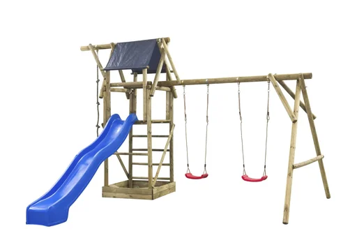 "Doppelschaukel Niels Rundholz mit Spielturm, Kletterseil, Sandkasten und Rutsche image"
