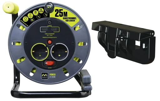 "Kabeltrommel 25 Meter mit 2 Steckdosen und 2 USB Ports + GRATIS dazu Wandhalterung image"