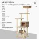 Rattan Kratzbaum mit Katzenhöhle Hängematte Mehrstufiger Katzenbaum Kletterbaum für Katzen E1 MDF Sisal Beige+Braun 55