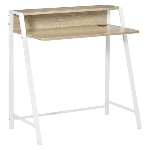 "Schreibtisch Computertisch Bürotisch Arbeitstisch mit Ablagefach Kabeldurchlass Metall Weiß+Eiche 84 x 45 x 85 cm image"