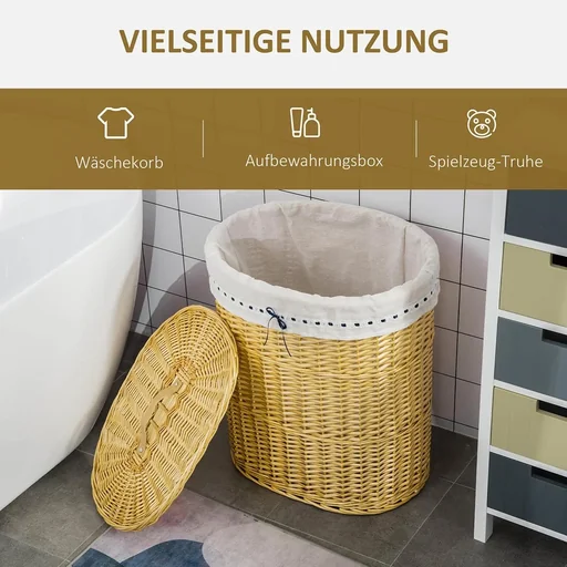 "Wäschekorb aus Weide Weidenrute Wäschebox Wäschesammler geflochten mit Deckel Natur 100L 51 x 38 x 57 cm image"