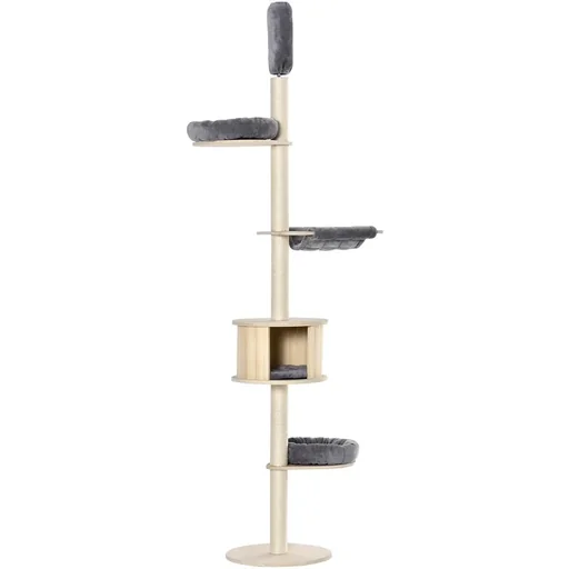 "Kratzbaum Katzenbaum Deckenhoch Kletterbaum mit holz Katzenhöhle Sisal Plüsch höhenverstellbar Grau 50 x 50 x 232-252 cm image"