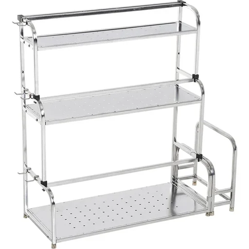 "Küchenregal Standregal 3 Ablagen mit 6 Haken Multifunktions Edelstahl Silber L58 x B22 x H59cm image"