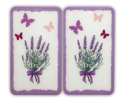 "3 in 1 Herd-Abdeckplatten, Schneidbretter, Arbeitsplatten, Glas, Lavendel Bouquet-Design, je 52 x 30 cm, 2er-Set image"
