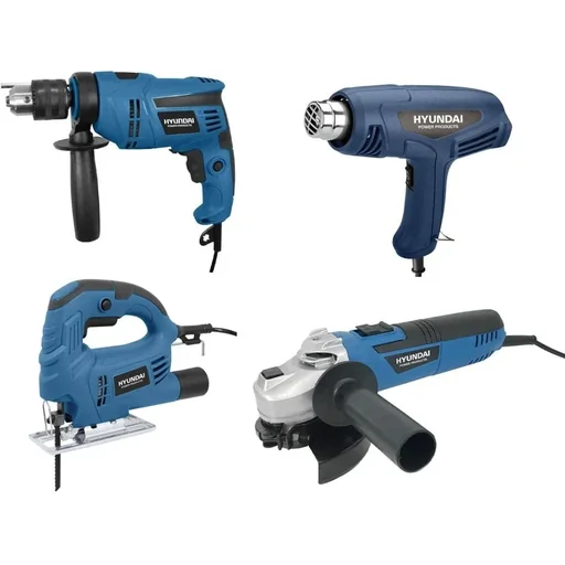 "Elektrowerkzeugsatz XL: Schlagbohrmaschine, Stichsäge, Heißluftgebläse und Winkelschleifer image"