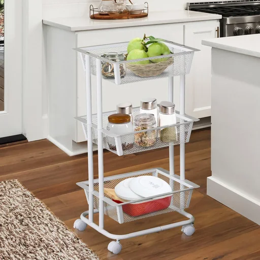 "Allzweckwagen Allzweckregal mit Rollen Küchenwagen Küchenregal Metallregal Rollwagen 3 x Korb Karbonstahl Weiß image"