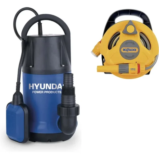 "Tauchpumpe inklusive Click & Go Schlauchtrommel, 10M Gartenschlauch und Armaturen - 6000 l / h - 250W image"