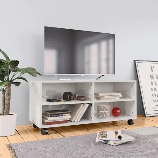 "TV-Schrank mit Rollen 90x35x35 cm Spanplatte Hochglanz weiß image"