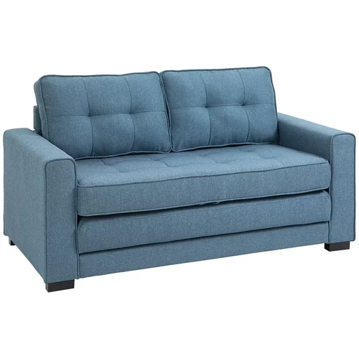 "Ausziehbares Zweisitzer-Bettsofa, Massivholz, Leinenoptik, blau, 147,5 x 75 x 85 cm image"