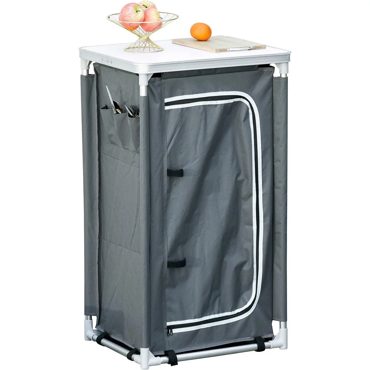 2in1Campingtisch mit Arbeitsplatte und Fächern grau