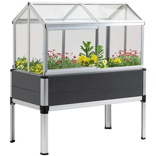 "Hochbeet mit Frühbeet Aufsatz aus Aluminium für Garten Terrasse Balkon Kräuterbeet Pflanzkasten Grau 113,5 x 61 x 128,5 image"