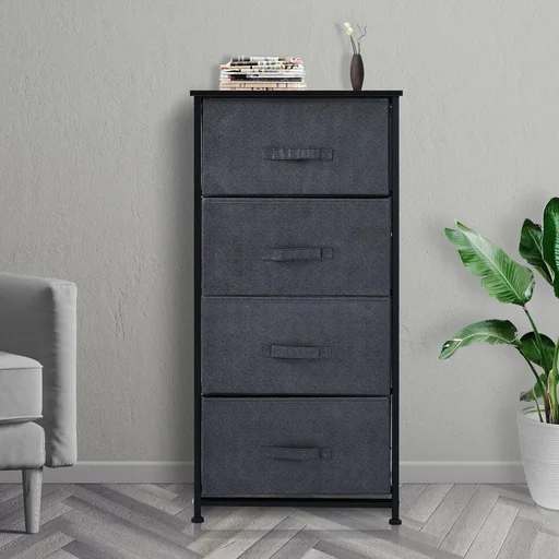 "Schubladenschrank Aufbewahrungsschrank mit 4 faltbaren Stoffschubladen Metallgestell + Holz + Leinen Grau image"