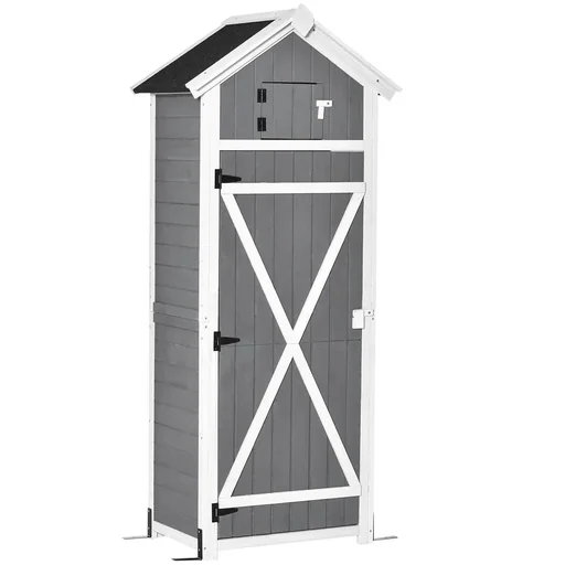 "Gartenschrank Holz Gerätehaus mit Tür Dach Geräteschuppen mit Hacken Gartenlagerschrank faltbarer Tisch Outdoor Grau 78 image"