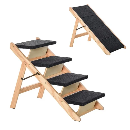 "Haustiertreppe 2-in1 Hunderampe Katzentreppe Hundetreppe Faltbar Tiertreppe Kiefernholz Natur+Schwarz 80 x 47 x 64 cm image"