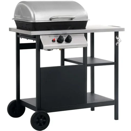 "Gasgrill mit 3-stufigem Beistelltisch schwarz und silber image"